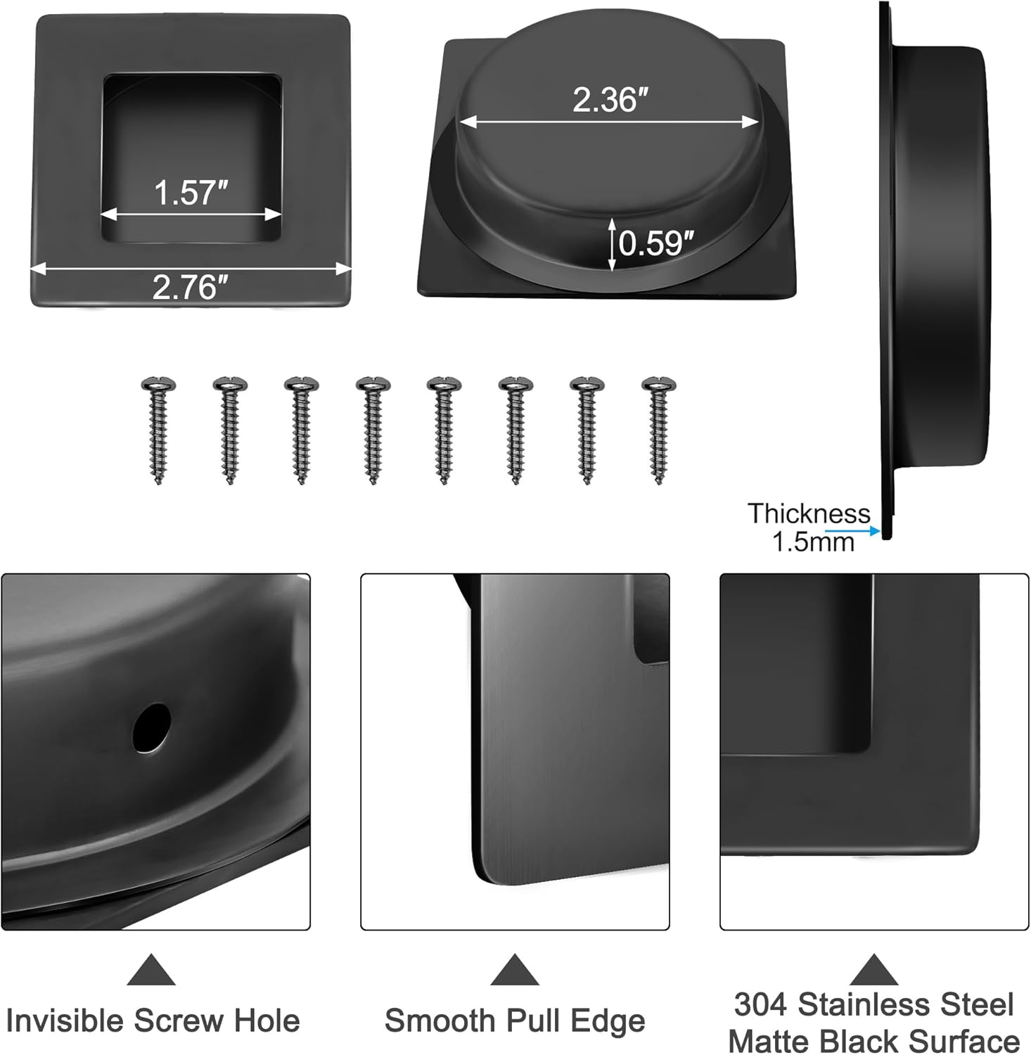 Matte Black Stainless Steel Recessed Finger Flush Pulls for Sliding Closet Doors - 2-3/4 Inch Square Barn Door Handles (4 Pack)