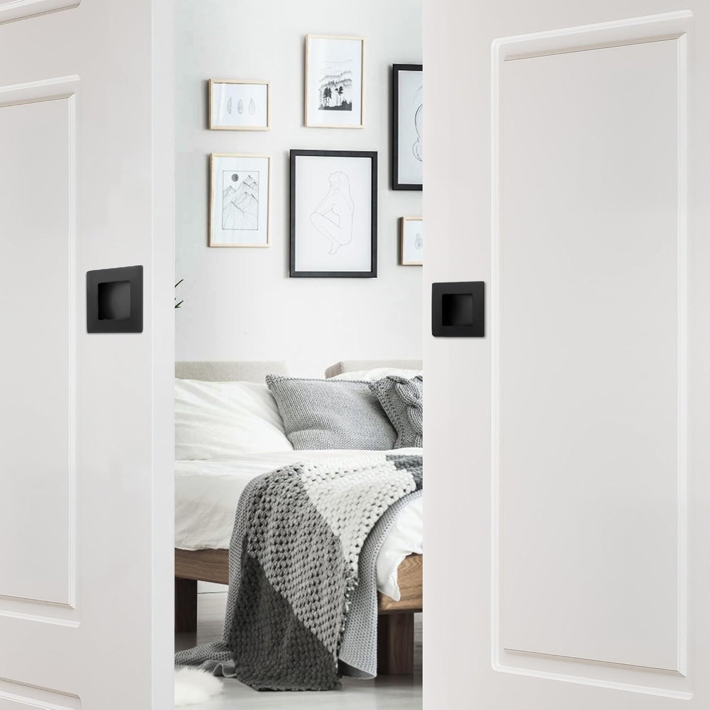 Matte Black Stainless Steel Recessed Finger Flush Pulls for Sliding Closet Doors - 2-3/4 Inch Square Barn Door Handles (4 Pack)