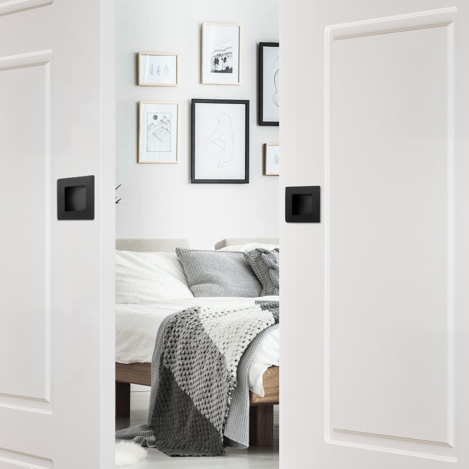 Matte Black Stainless Steel Recessed Finger Flush Pulls for Sliding Closet Doors - 2-3/4 Inch Square Barn Door Handles (4 Pack)