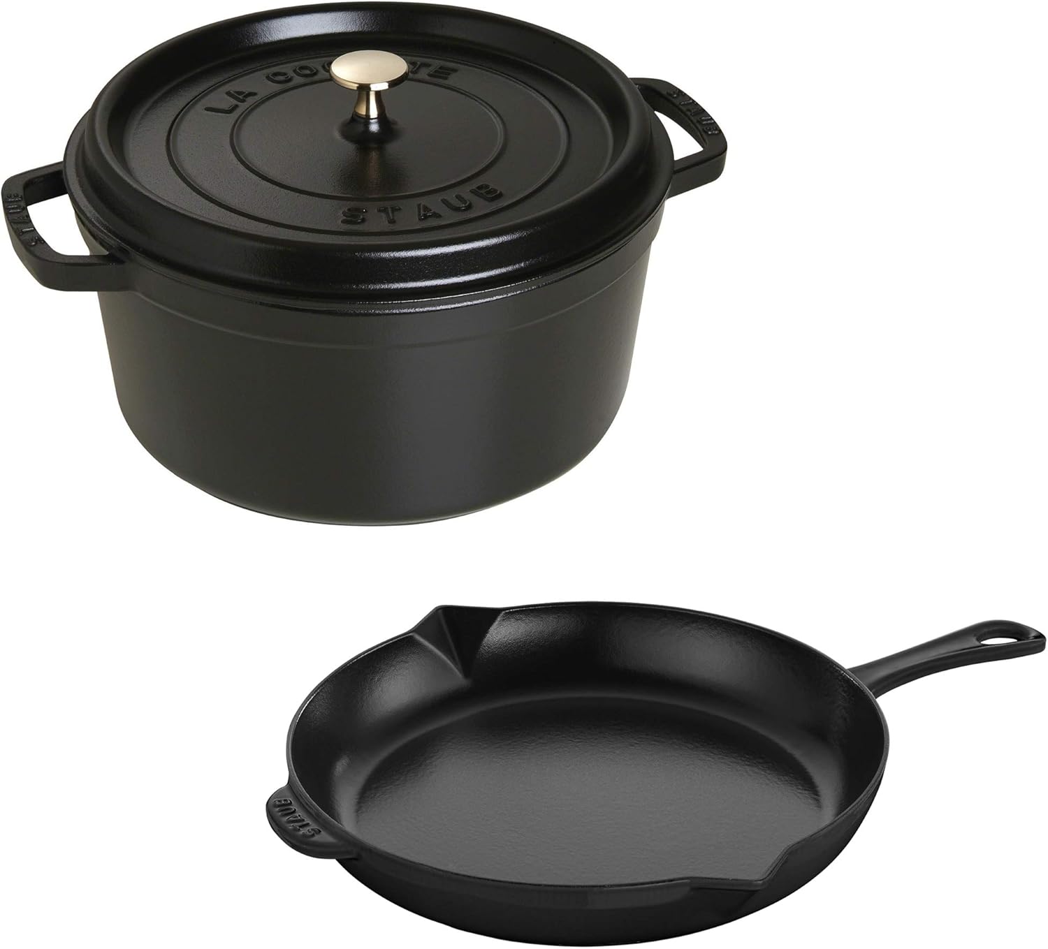Matte Black Staub Cast Iron 3-pc Cocotte and Fry Pan Set - Handcrafted in France