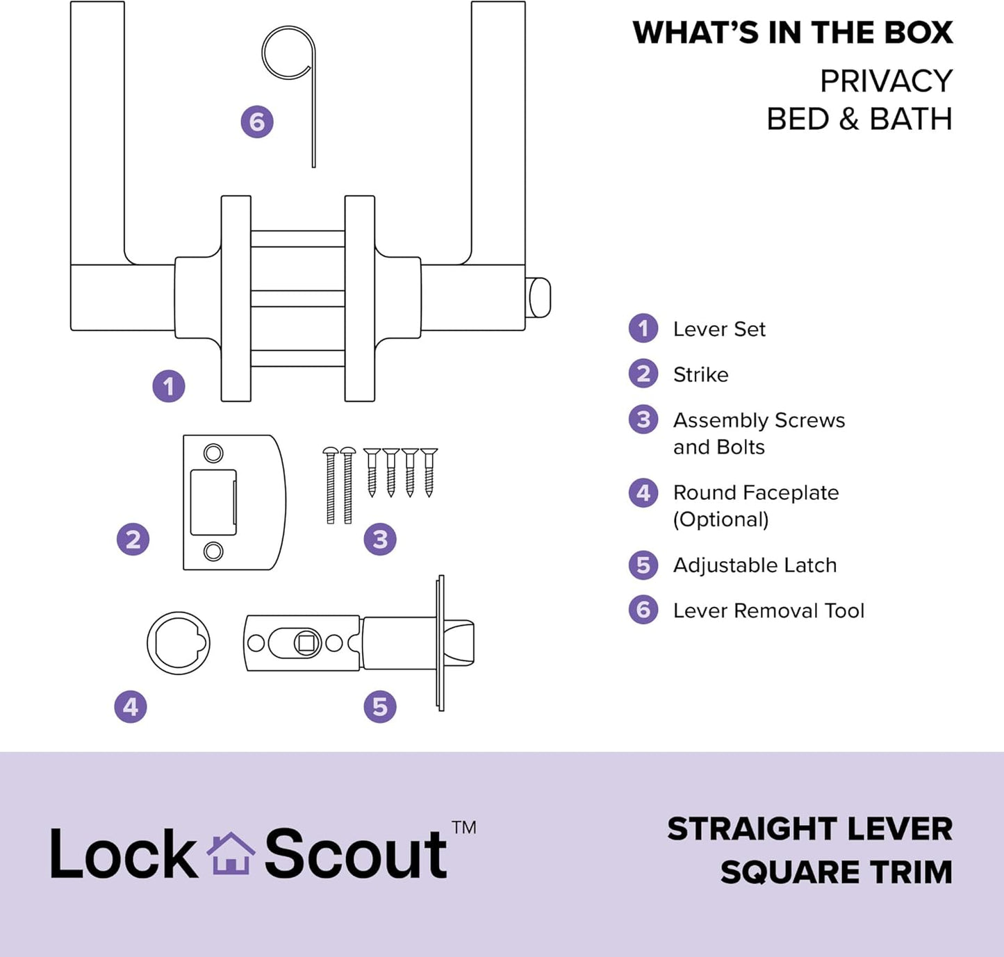 Matte Black Straight Lever with Square Trim Bedroom and Bathroom Door Handle - Lock Scout