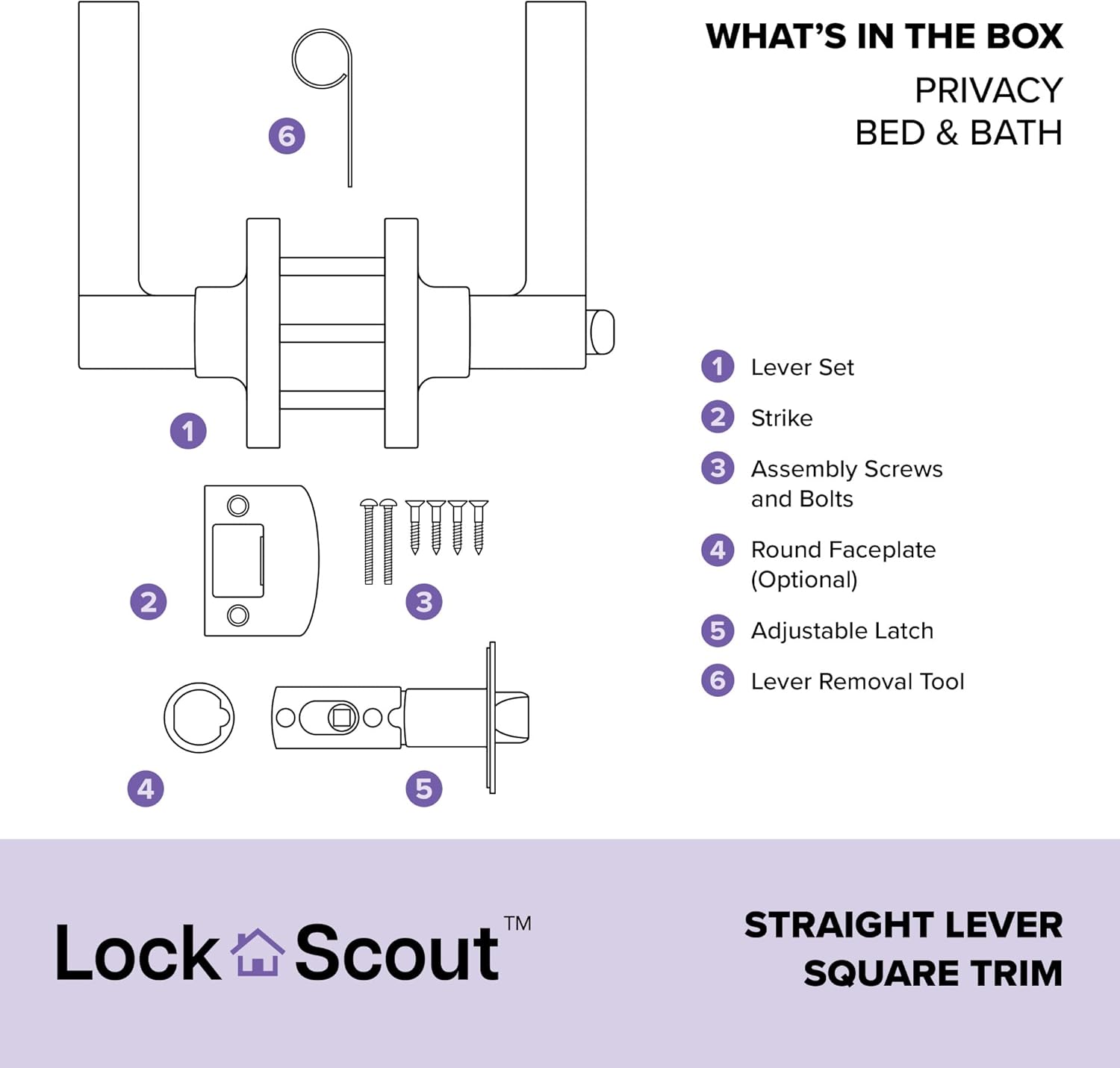 Matte Black Straight Lever with Square Trim Bedroom and Bathroom Door Handle - Lock Scout