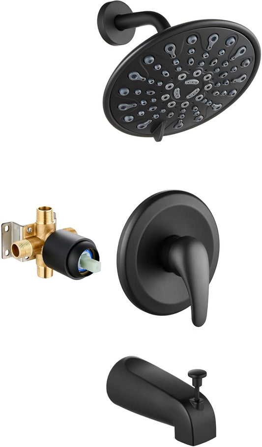 Matte Black Tub Shower Faucet Set with 6 Modes 6 inch Shower Head Kit and High Pressure System - Round Head Handle Combo Kit