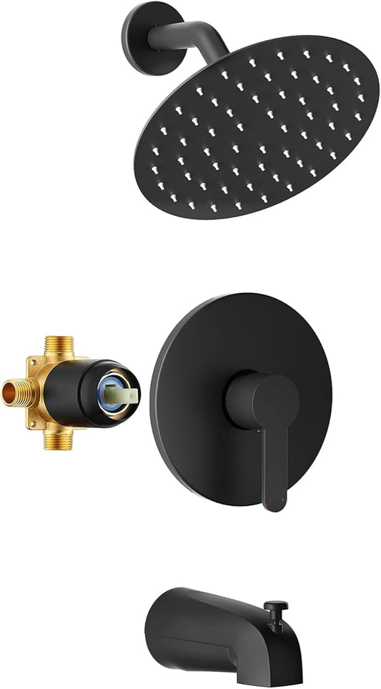 Matte Black Tub Shower Kit with 8-Inch Rain Shower Head and Handle