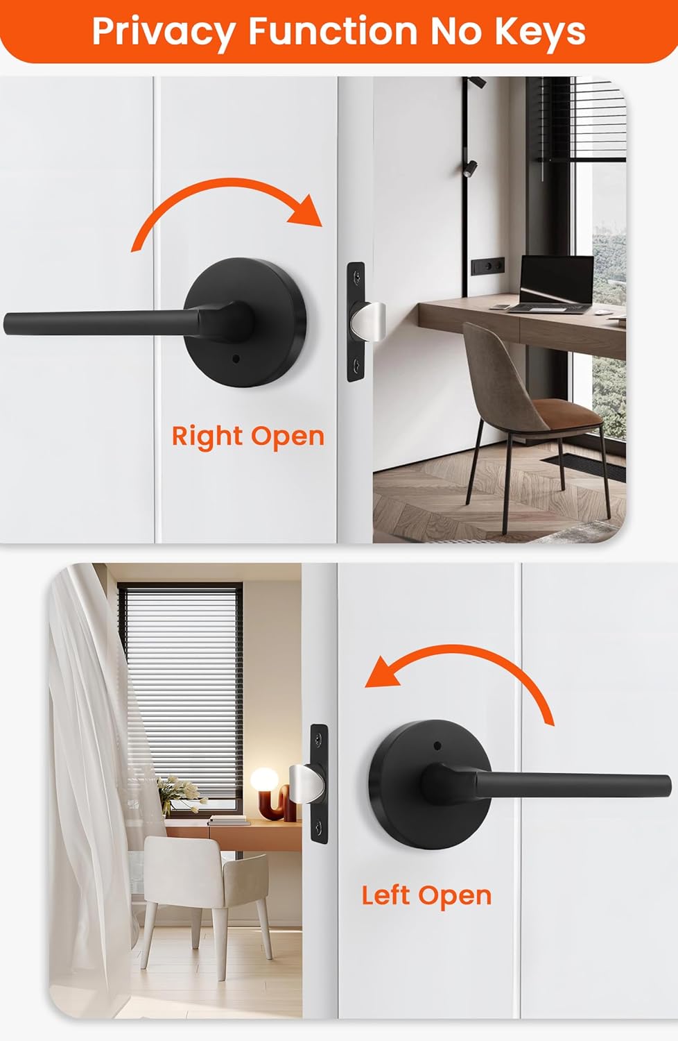 Matte Black Zinc Alloy Privacy Door Levers for Bathroom & Bedroom - 6 Pack