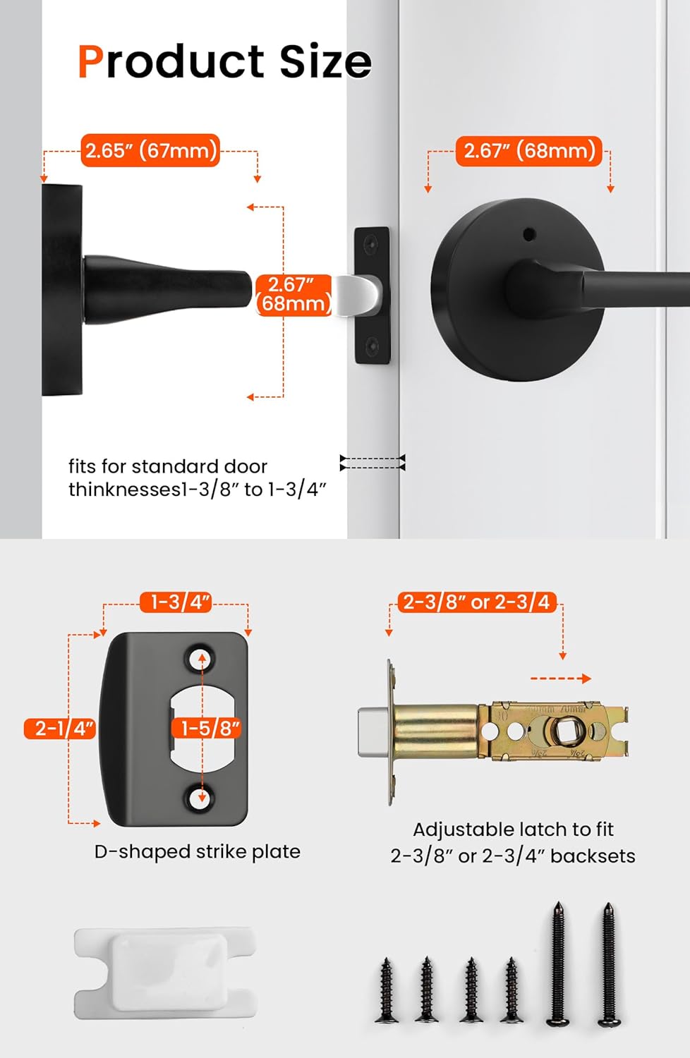 Matte Black Zinc Alloy Privacy Door Levers for Bathroom & Bedroom - 6 Pack