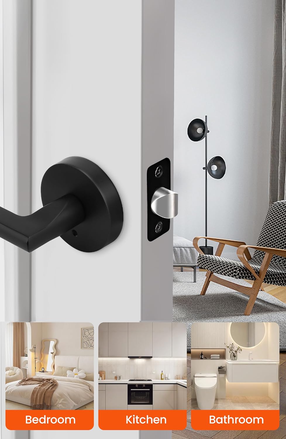 Matte Black Zinc Alloy Privacy Door Levers for Bathroom & Bedroom - 6 Pack