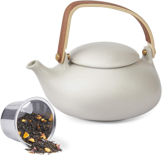 Matte Ceramic Japanese Teapot with Strainer and Wood Handle - 27oz Loose Leaf Tea Brewer for Women and Tea Lovers