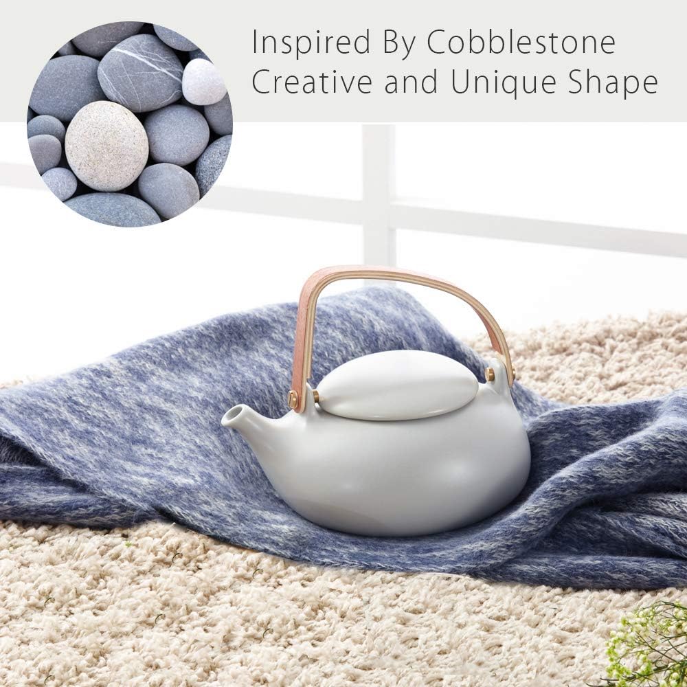 Matte Ceramic Japanese Teapot with Strainer and Wood Handle - 27oz Loose Leaf Tea Brewer for Women and Tea Lovers