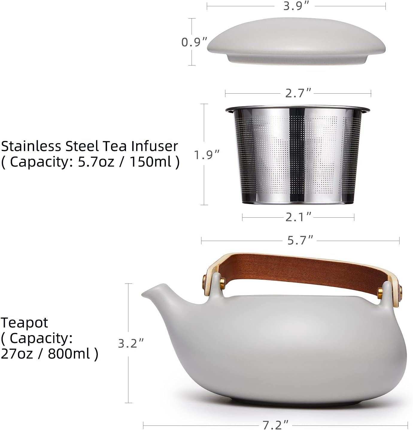 Matte Ceramic Japanese Teapot with Strainer and Wood Handle - 27oz Loose Leaf Tea Brewer for Women and Tea Lovers