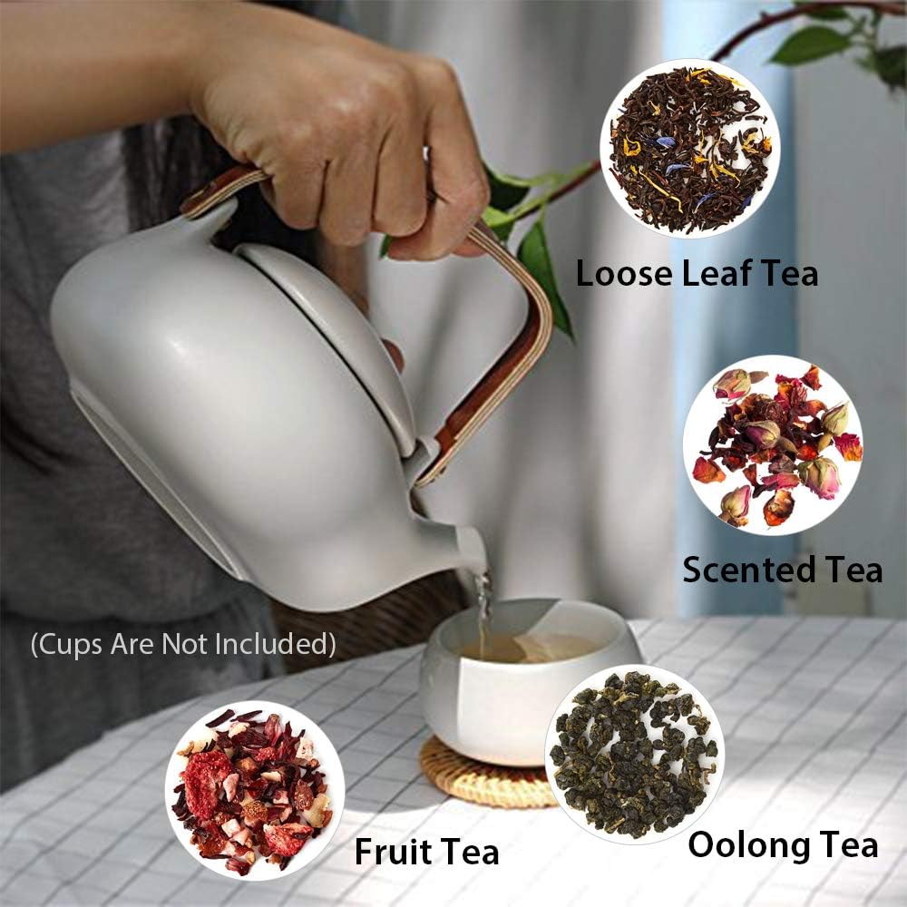 Matte Ceramic Japanese Teapot with Strainer and Wood Handle - 27oz Loose Leaf Tea Brewer for Women and Tea Lovers
