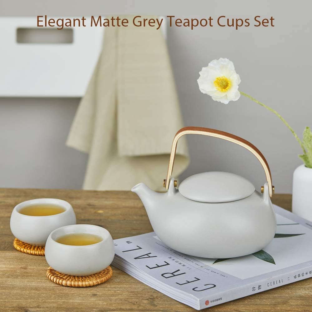 Matte Ceramic Japanese Teapot with Strainer and Wood Handle - 27oz Loose Leaf Tea Brewer for Women and Tea Lovers