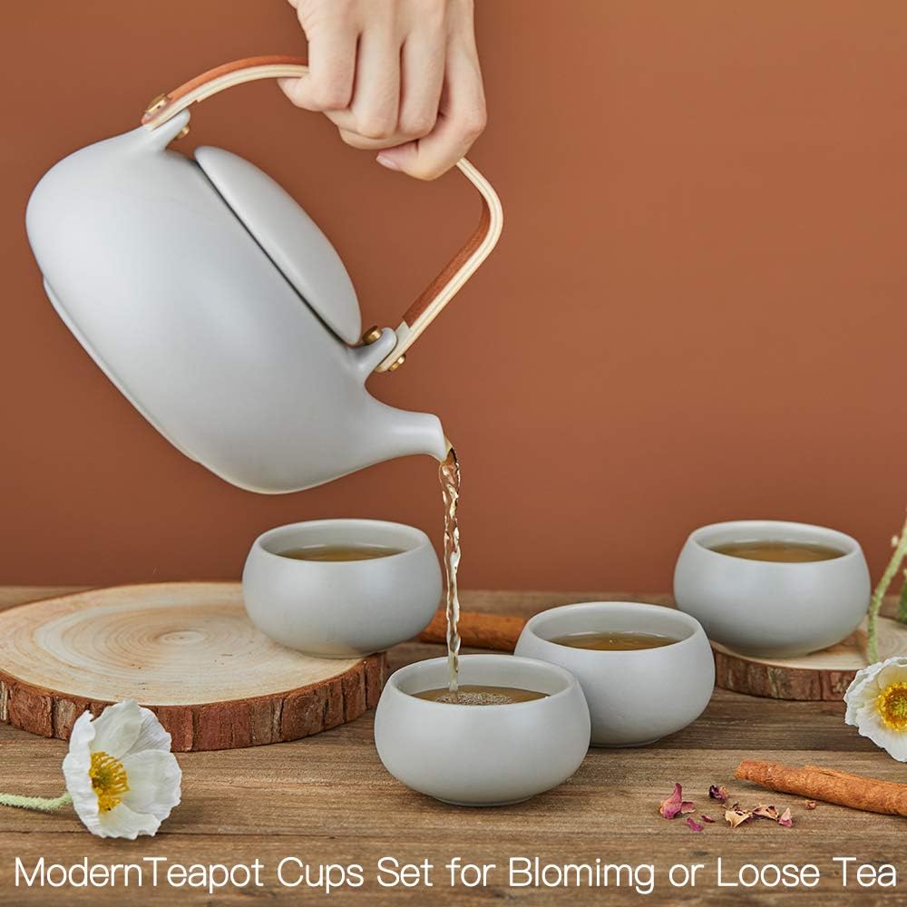 Matte Ceramic Japanese Teapot with Strainer and Wood Handle - 27oz Loose Leaf Tea Brewer for Women and Tea Lovers