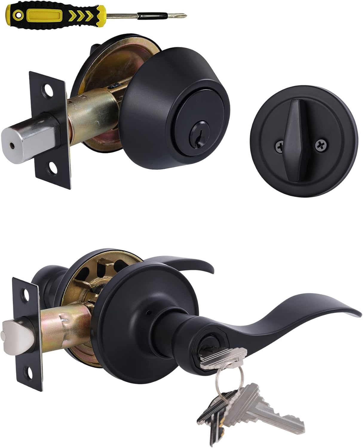 Matte Finished Front Door Lever Lockset and Deadbolt Combination Set with Keyed Alike Feature