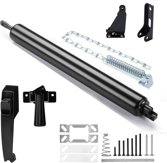 MaxxGeek Black Screen and Storm Door Closer Kit with Push Button Latch Set and Protector Chain, MGPneumatic002