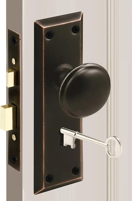 MaxxGeek Mortise Keyed Lock Set with Classic Knobs, Ideal for Antique Door Knob Replacement, Fits 1-3/8"-1-3/4" Interior Doors, Oil Rubbed Bronze - 1 Pack