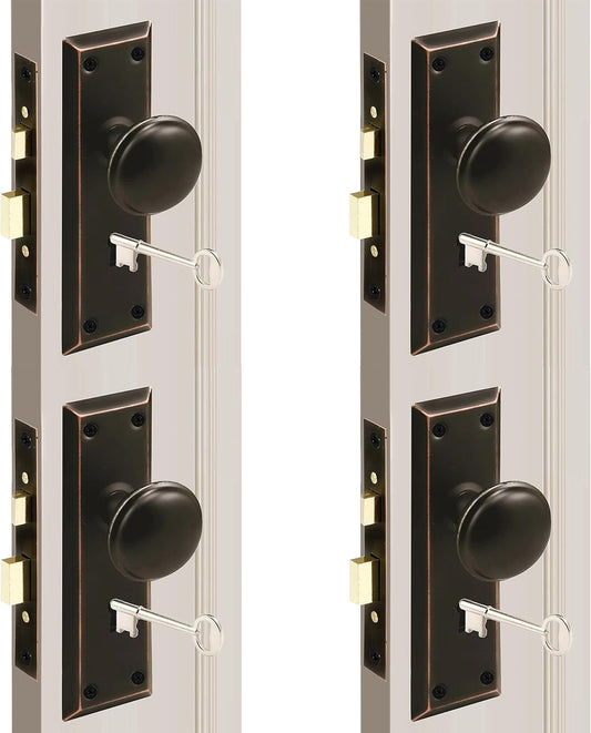 MaxxGeek Mortise Keyed Lock Set with Classic Knobs, Ideal for Antique Door Knob Replacement, Fits 1-3/8 in.-1-3/4 in. Interior Doors, Oil Rubbed Bronze, 4 Pack