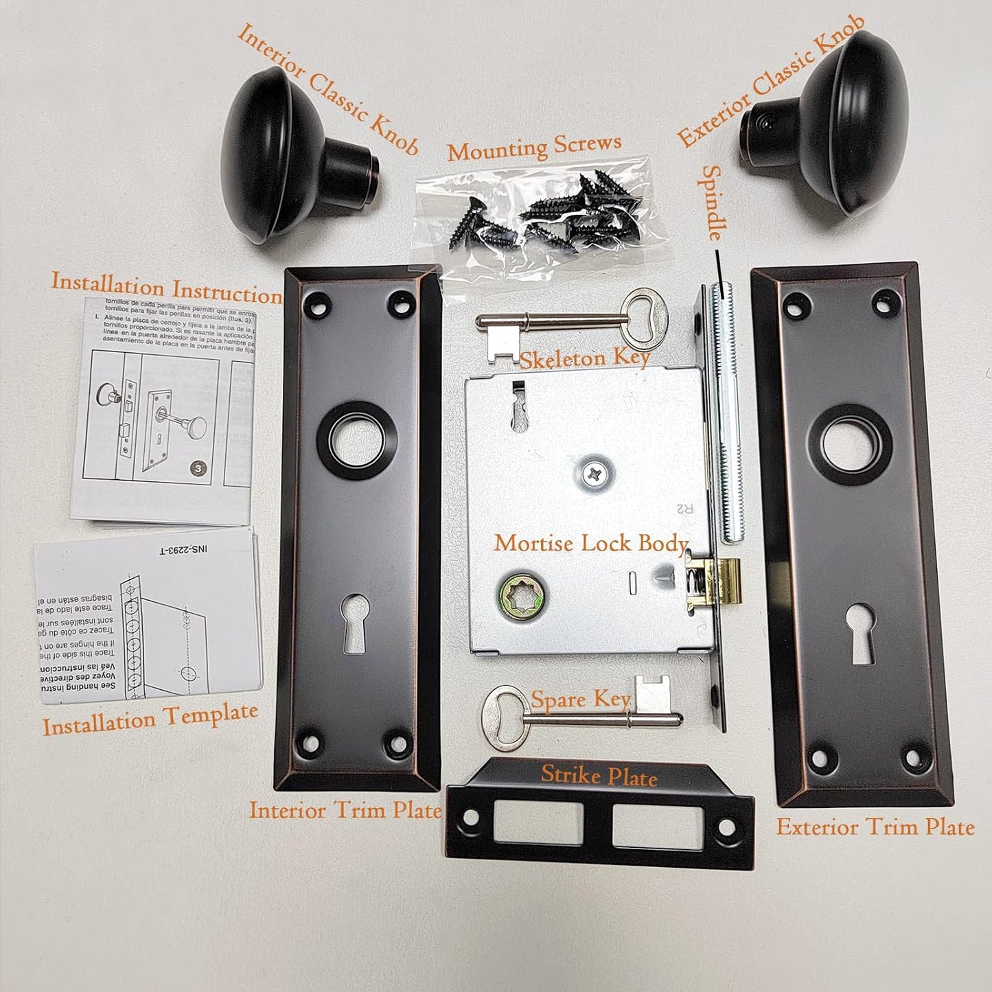 MaxxGeek Mortise Keyed Lock Set with Classic Knobs, Ideal for Antique Door Knob Replacement, Fits 1-3/8"-1-3/4" Interior Doors, Oil Rubbed Bronze - 1 Pack