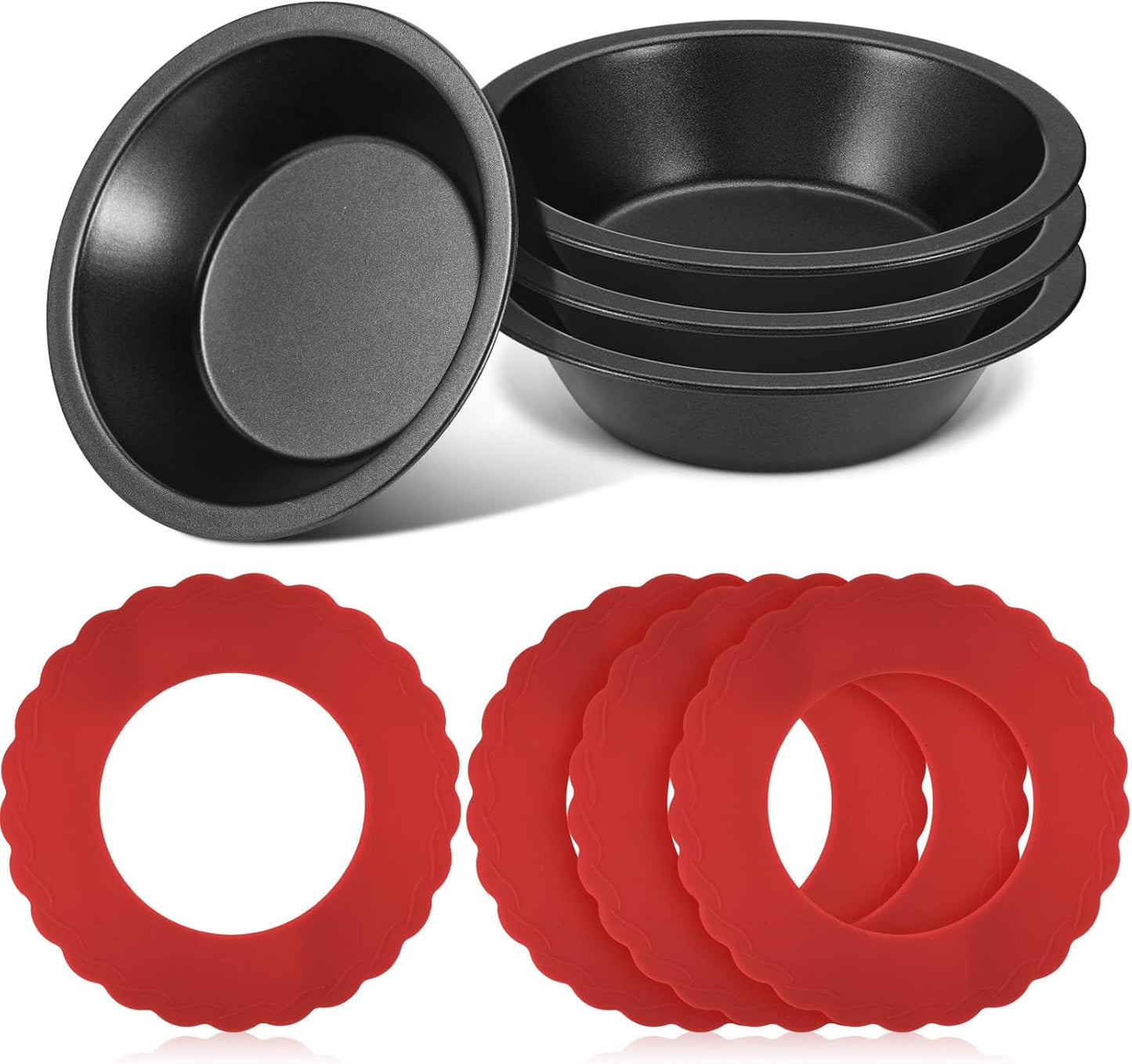 Meanplan 8-Piece Pie Dish Set with Nonstick Metal Bakeware and Silicone Crust Protectors, Red - Includes 4 Mini Pie Pans and Kitchen Baking Covers for Edge Protection