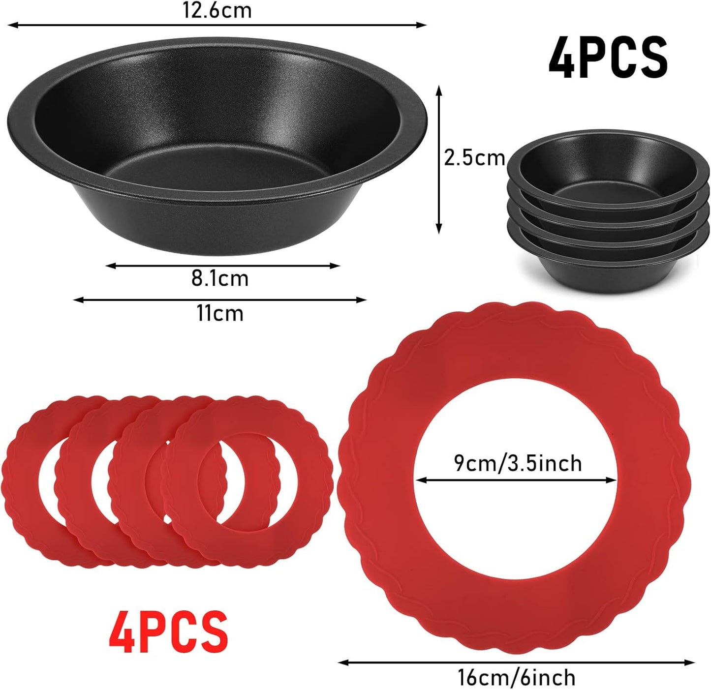 Meanplan 8-Piece Pie Dish Set with Nonstick Metal Bakeware and Silicone Crust Protectors, Red - Includes 4 Mini Pie Pans and Kitchen Baking Covers for Edge Protection