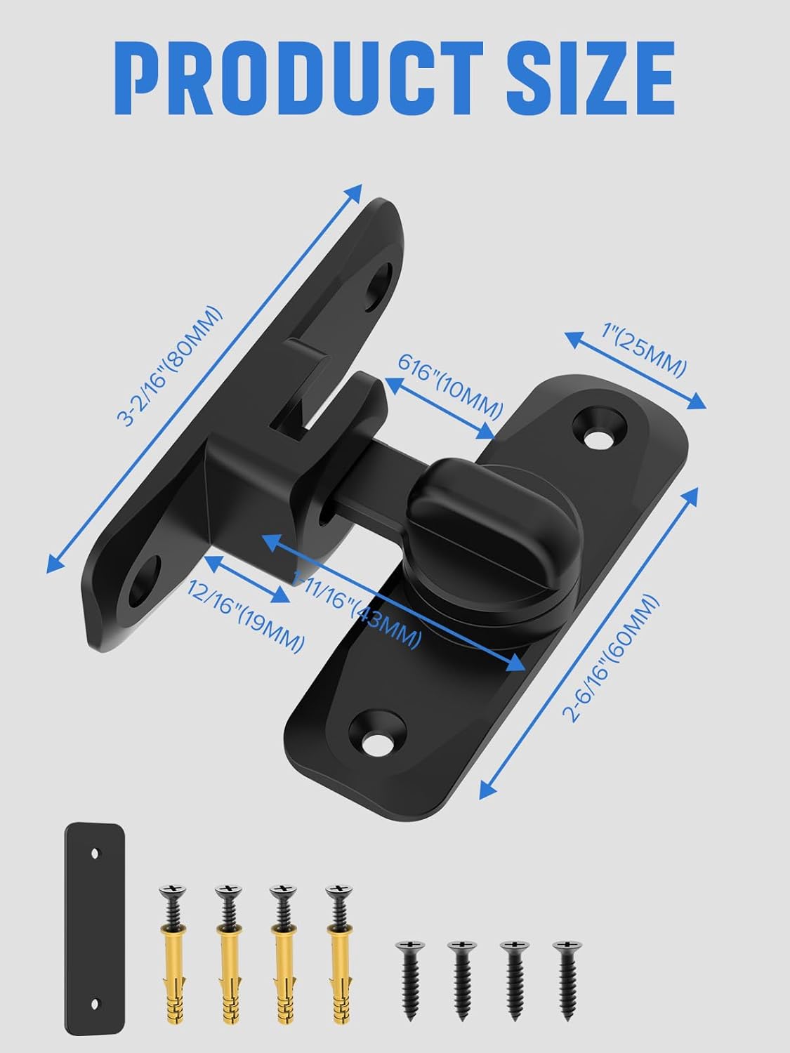 MeBantoo Black Barn Door Lock - 90/180 Degree Flip, Privacy Protection - Small Gate Latch for Barn, Garden, Bathroom, Cabinet, Window, Sliding Door