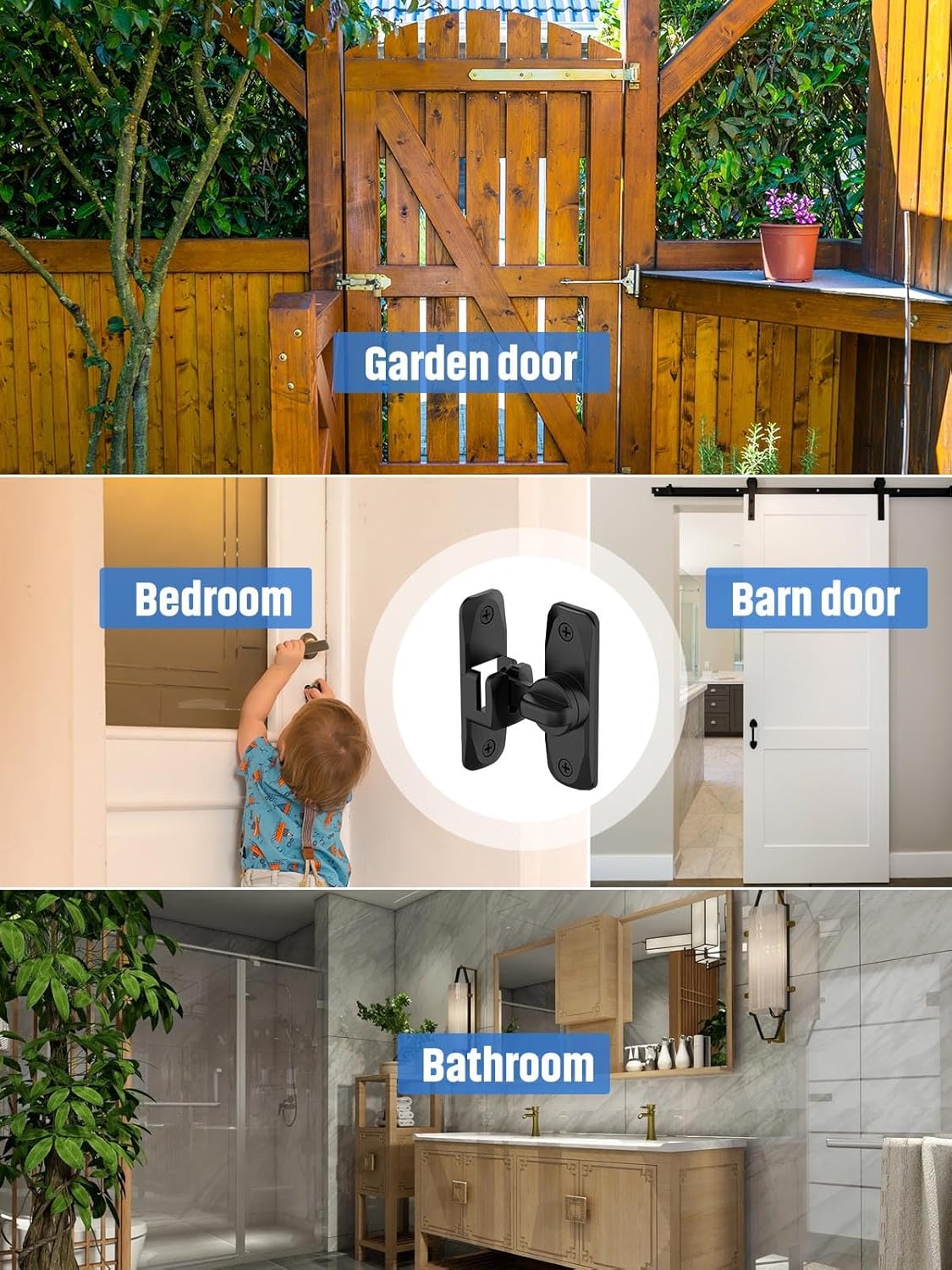 MeBantoo Black Barn Door Lock - 90/180 Degree Flip, Privacy Protection - Small Gate Latch for Barn, Garden, Bathroom, Cabinet, Window, Sliding Door