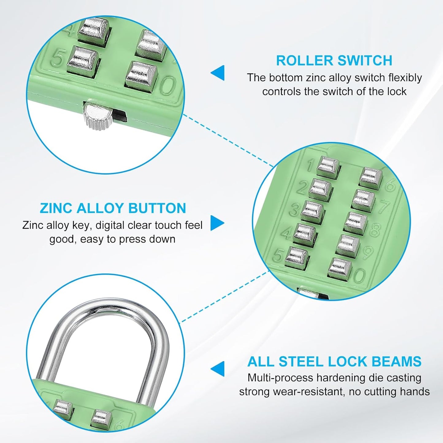 MECCANIXITY 10-Digit Push Button Combination Padlock Set for Locker Gym Sports Cabinet Toolbox - Green (2 Pack)