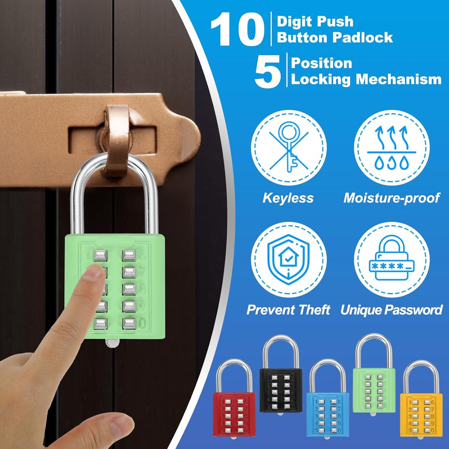 MECCANIXITY 10-Digit Push Button Combination Padlock Set for Locker Gym Sports Cabinet Toolbox - Green (2 Pack)
