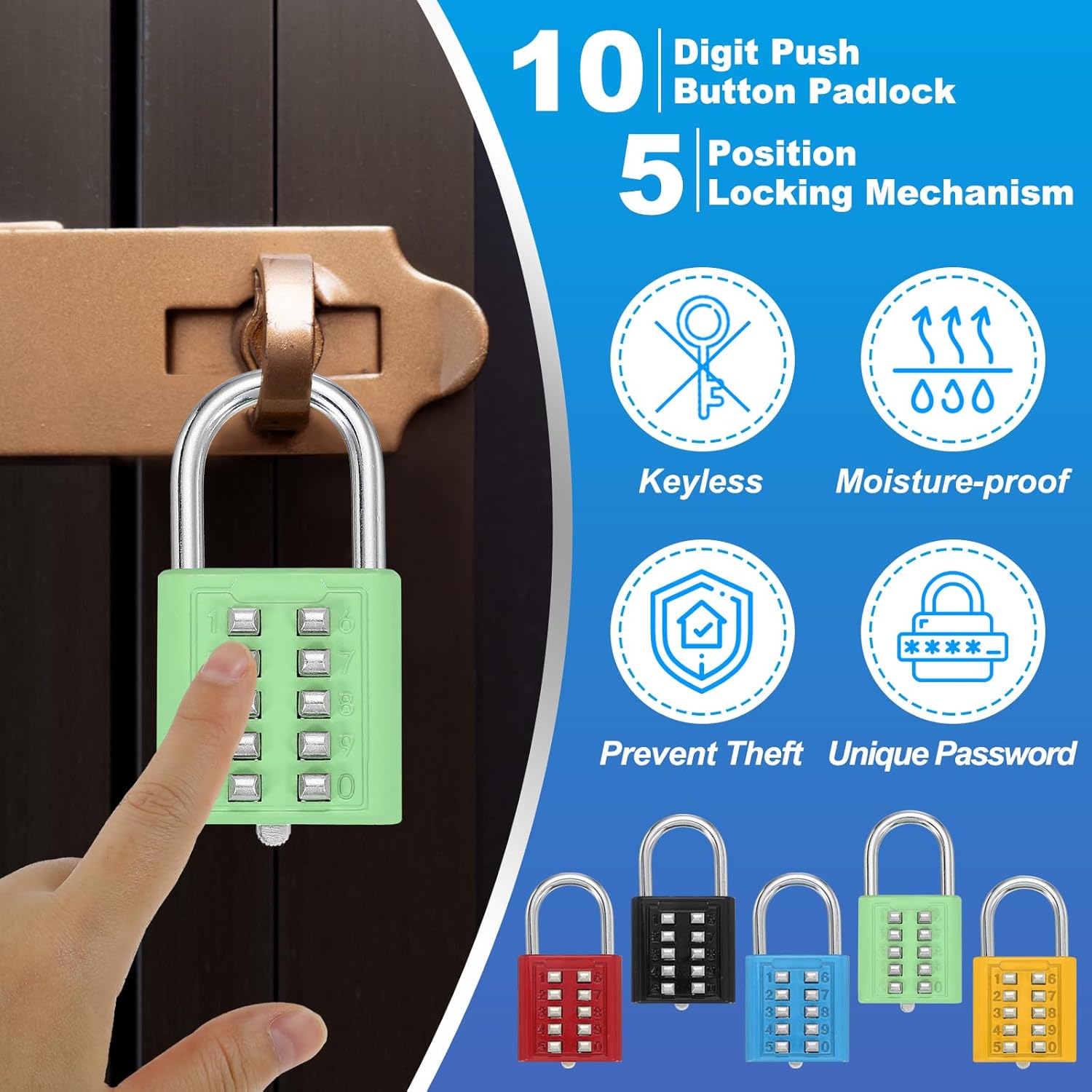 MECCANIXITY 10-Digit Push Button Combination Padlock Set for Locker Gym Sports Cabinet Toolbox - Green (2 Pack)