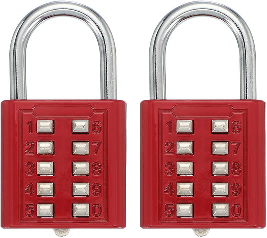 MECCANIXITY 10-Digit Push Button Padlock with 5-Position Locking Mechanism - Red, Pack of 2