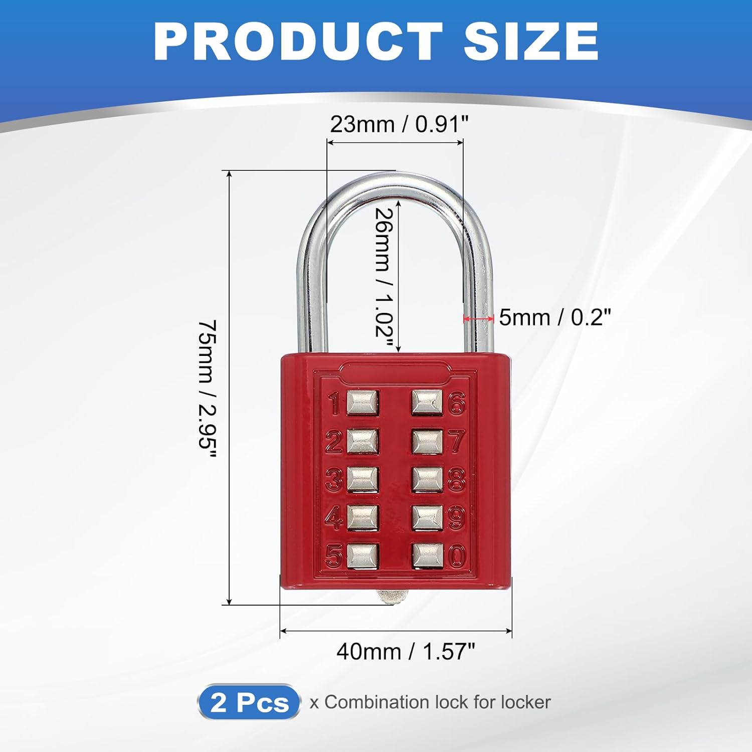 MECCANIXITY 10-Digit Push Button Padlock with 5-Position Locking Mechanism - Red, Pack of 2