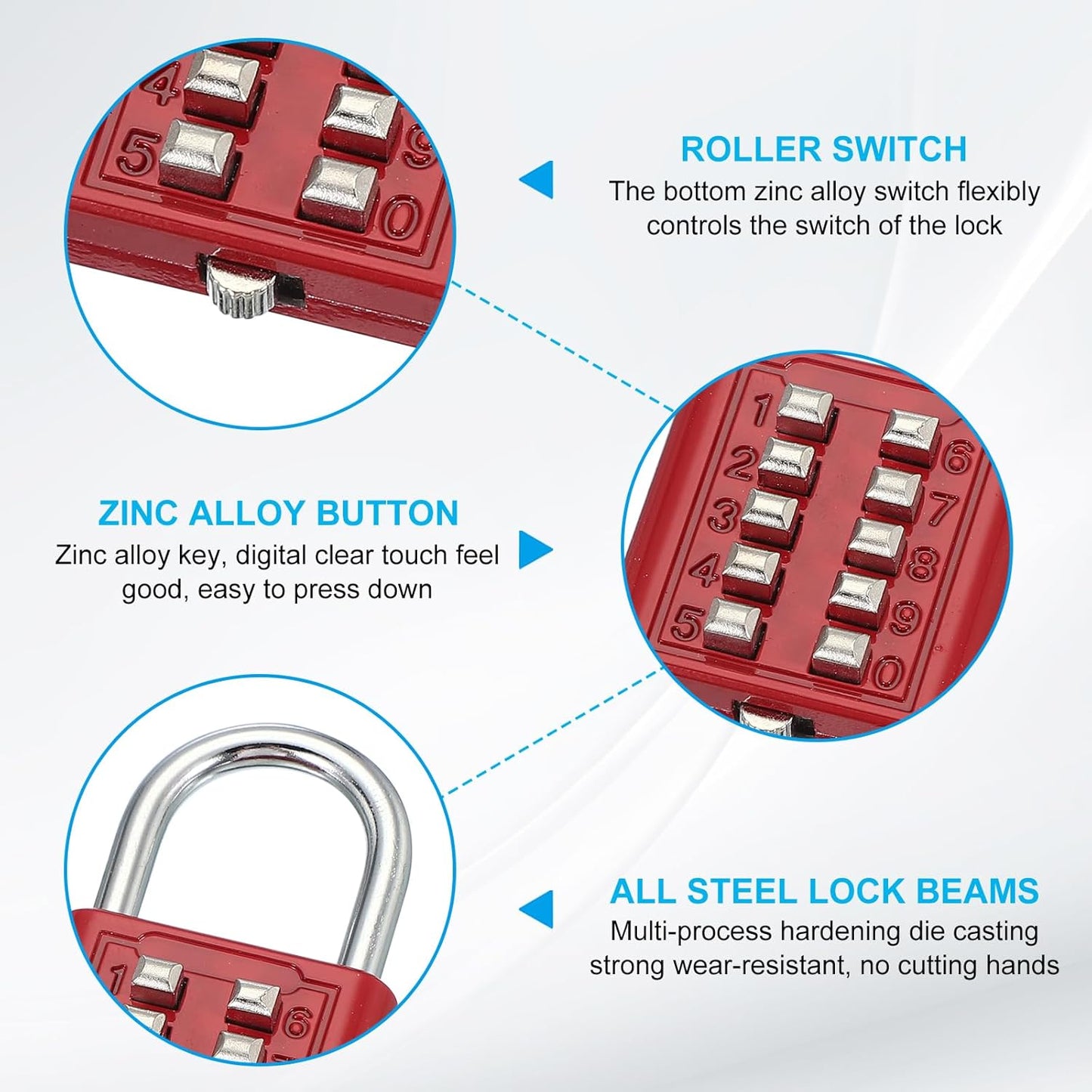 MECCANIXITY 10-Digit Push Button Padlock with 5-Position Locking Mechanism - Red, Pack of 2