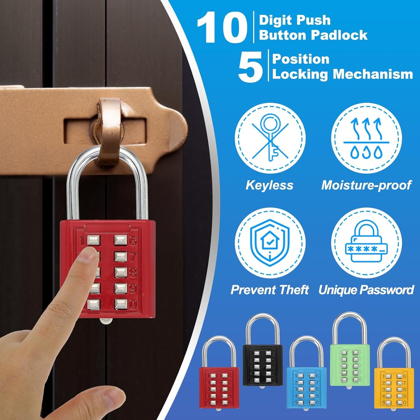 MECCANIXITY 10-Digit Push Button Padlock with 5-Position Locking Mechanism - Red, Pack of 2