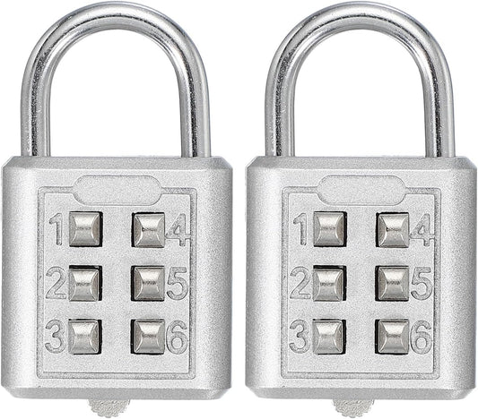MECCANIXITY 6-Digit Push Button Combination Padlock with 3-Position Locking for Locker, Gym, Toolbox - Silver (2 Pack)