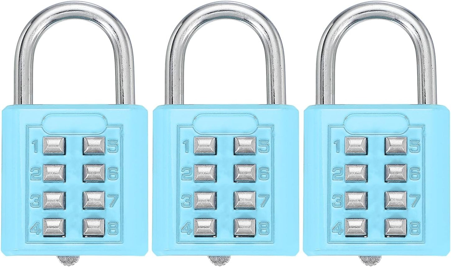 MECCANIXITY 8-Digit Push Button Combination Padlock Set for Gym Lockers and Toolboxes - Lake Blue, Pack of 3