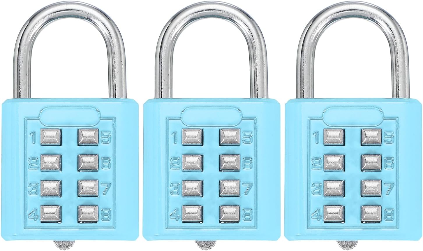 MECCANIXITY 8-Digit Push Button Combination Padlock Set for Gym Lockers and Toolboxes - Lake Blue, Pack of 3