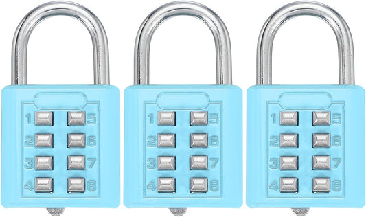 MECCANIXITY 8-Digit Push Button Combination Padlock Set for Gym Lockers and Toolboxes - Lake Blue, Pack of 3