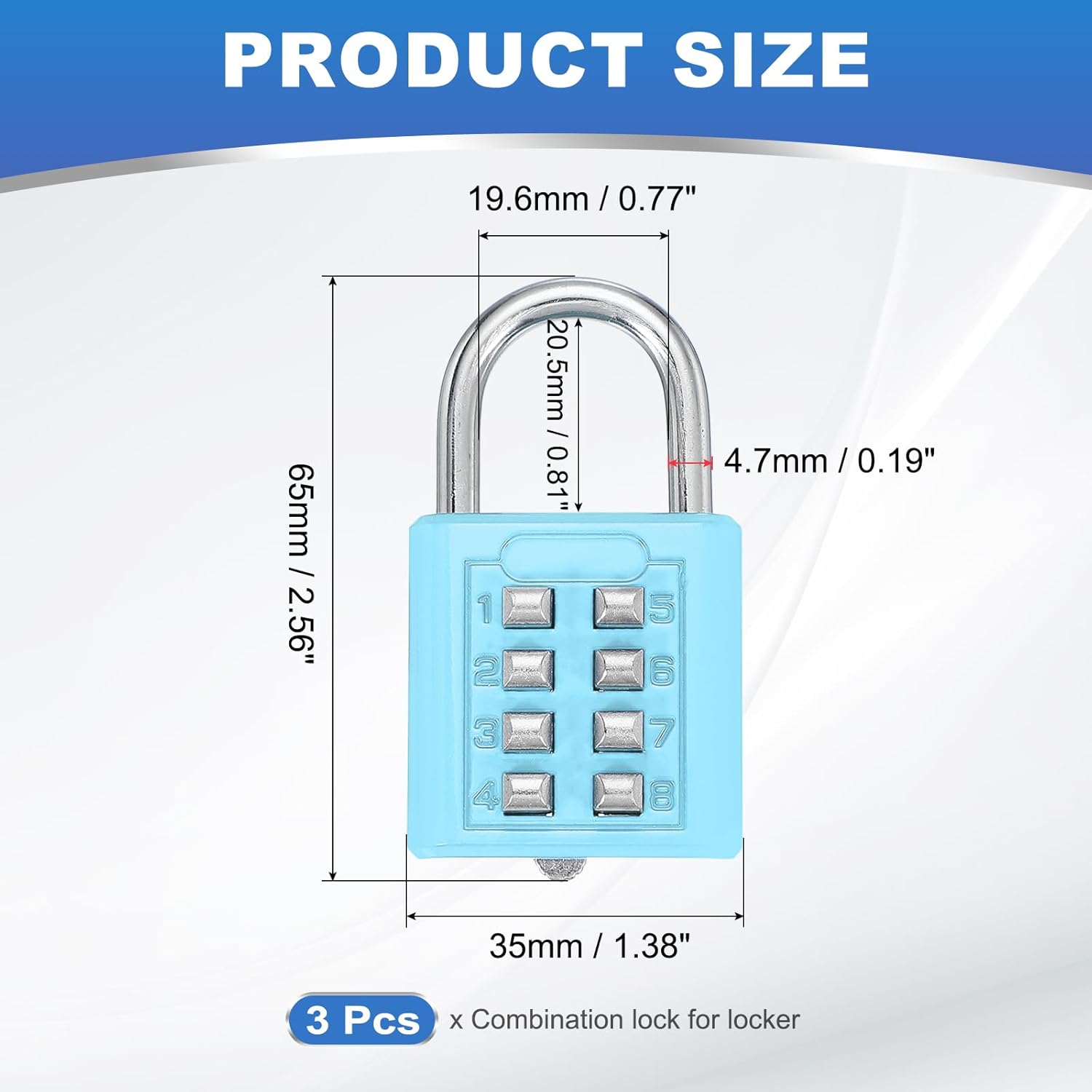 MECCANIXITY 8-Digit Push Button Combination Padlock Set for Gym Lockers and Toolboxes - Lake Blue, Pack of 3