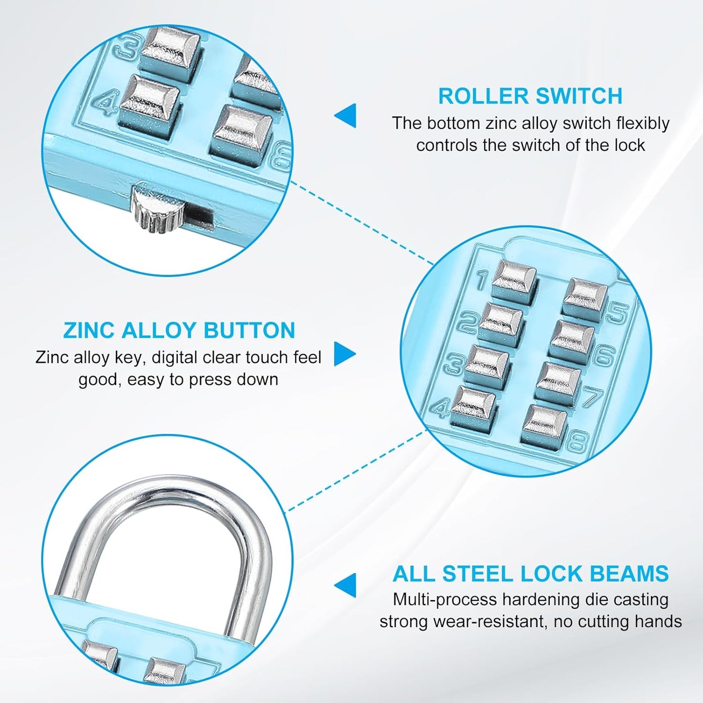 MECCANIXITY 8-Digit Push Button Combination Padlock Set for Gym Lockers and Toolboxes - Lake Blue, Pack of 3