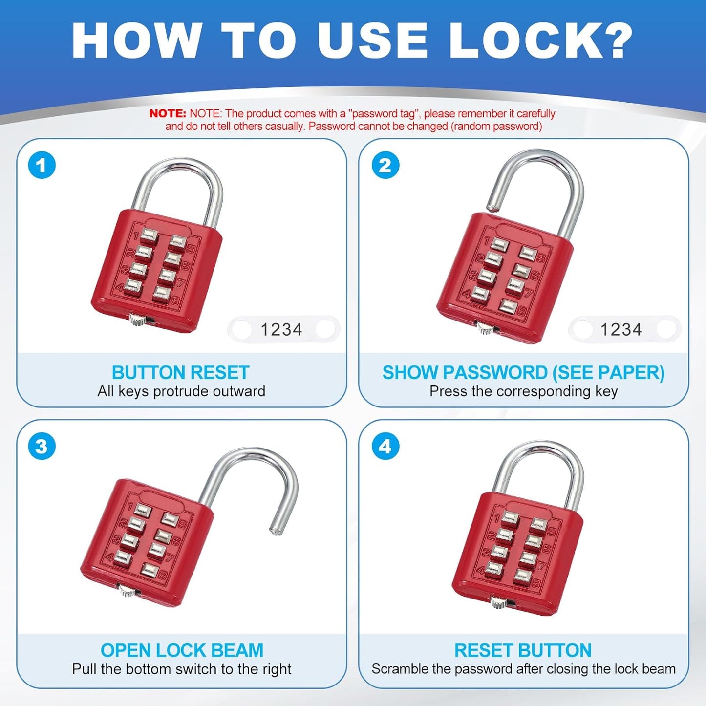 MECCANIXITY 8-Digit Push Button Combination Padlock Set for Gym Lockers and Toolboxes - Lake Blue, Pack of 3