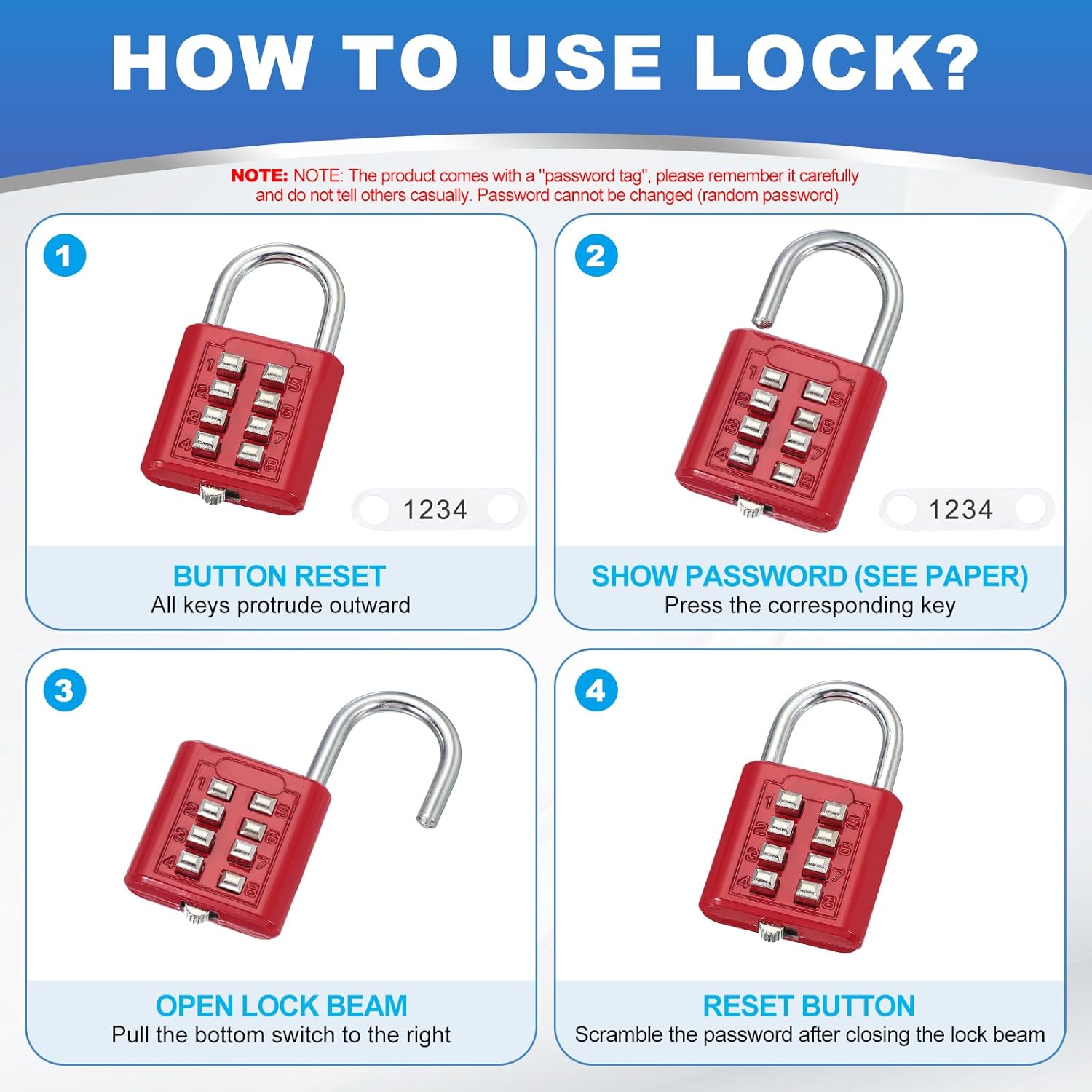 MECCANIXITY 8-Digit Push Button Combination Padlock Set for Gym Lockers and Toolboxes - Lake Blue, Pack of 3