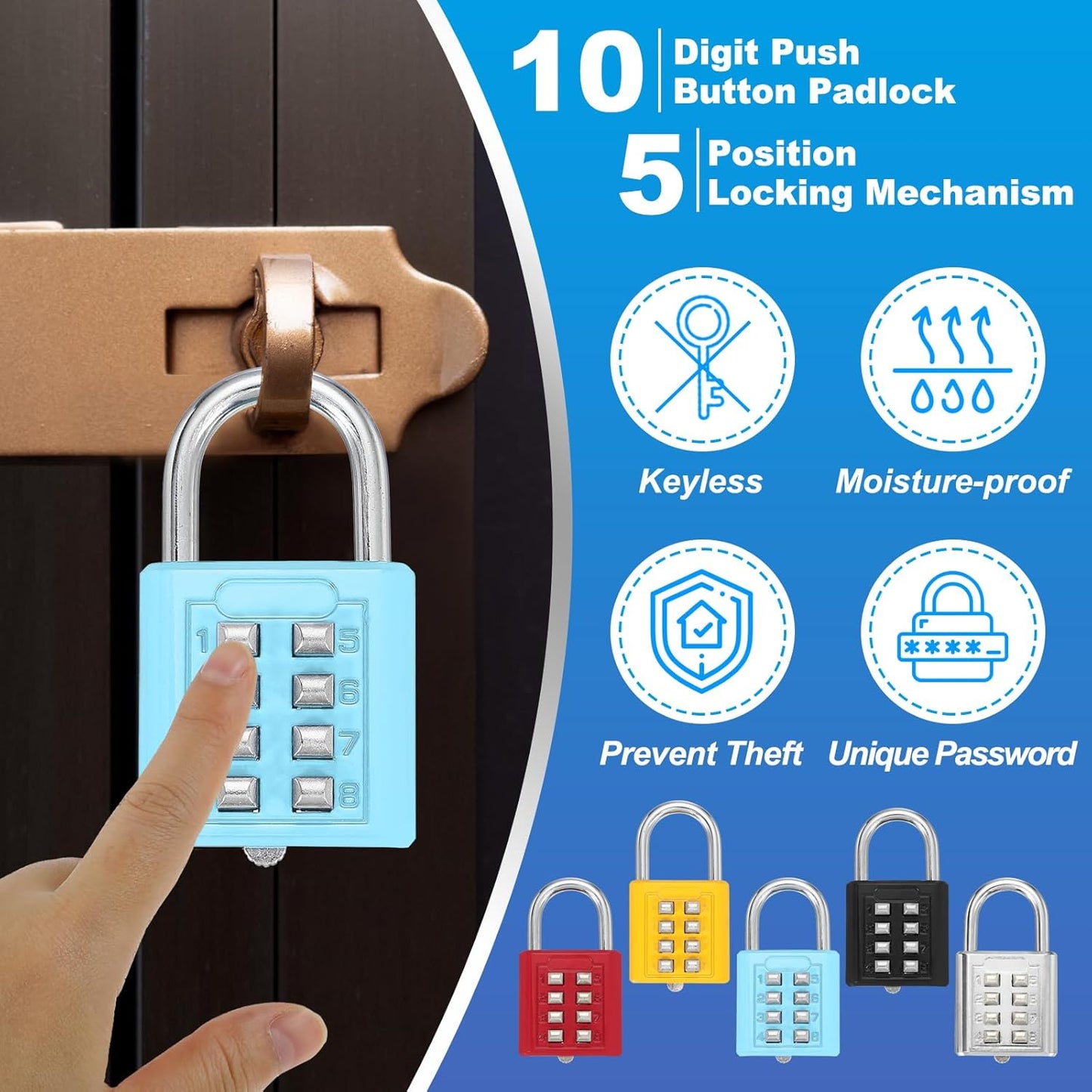 MECCANIXITY 8-Digit Push Button Combination Padlock Set for Gym Lockers and Toolboxes - Lake Blue, Pack of 3