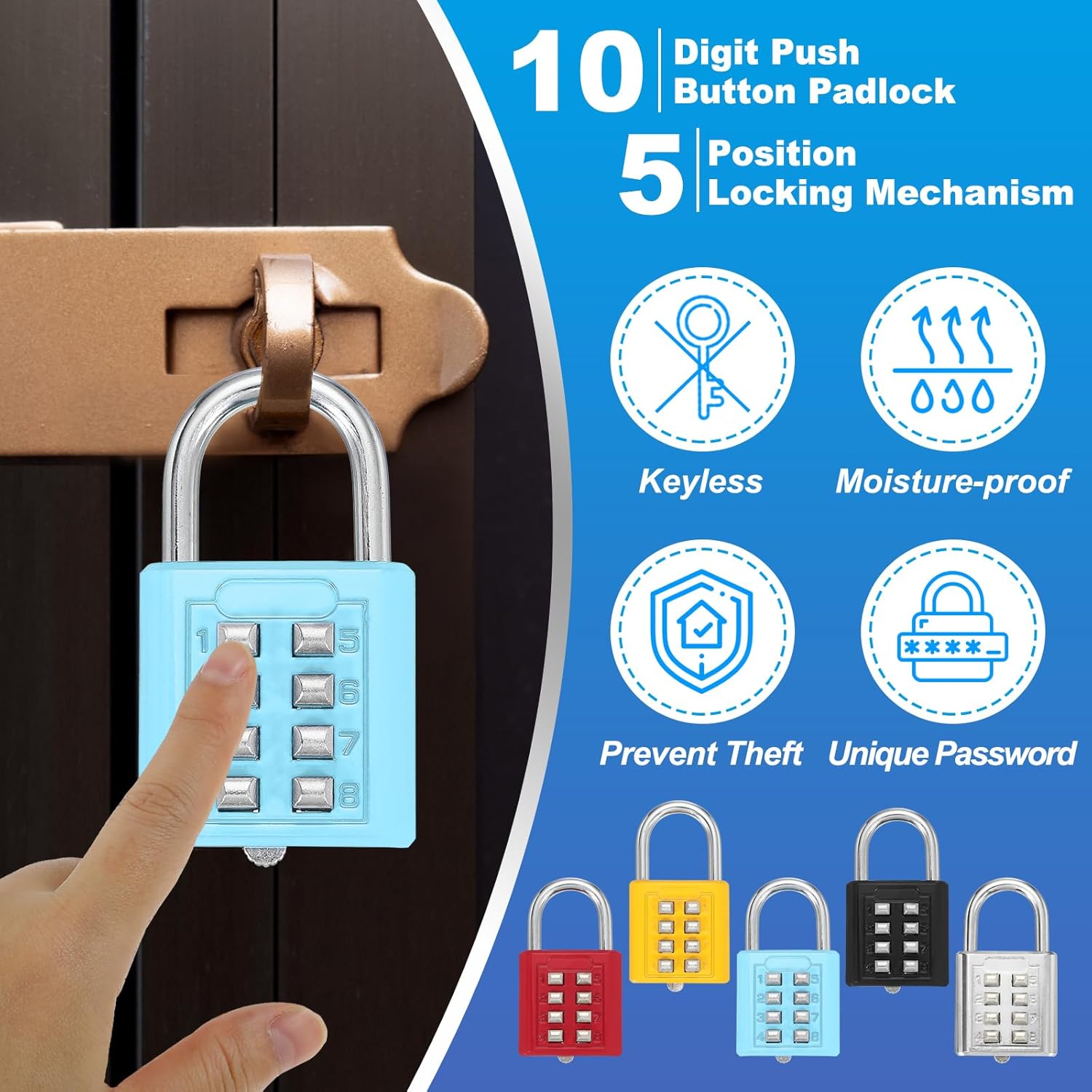 MECCANIXITY 8-Digit Push Button Combination Padlock Set for Gym Lockers and Toolboxes - Lake Blue, Pack of 3