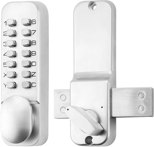 Mechanical Keyless Door Lock with Handle and Keypad - Front Door Lever Set with Bolt - Gate Lock for Warehouse - Single-Side Operation - Pearl Chrome Finish