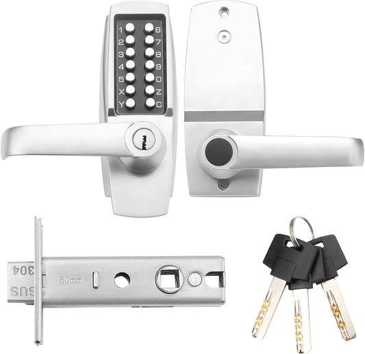 Mechanical Keyless Entry Door Lock Set with Handle & Keypad - Front Gate & Warehouse Security Solution - Push Button & Keys - Combination Code Lever Lock - Pearl Chrome
