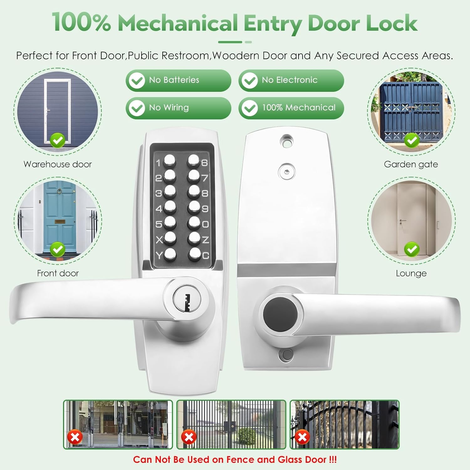 Mechanical Keyless Entry Door Lock Set with Handle & Keypad - Front Gate & Warehouse Security Solution - Push Button & Keys - Combination Code Lever Lock - Pearl Chrome