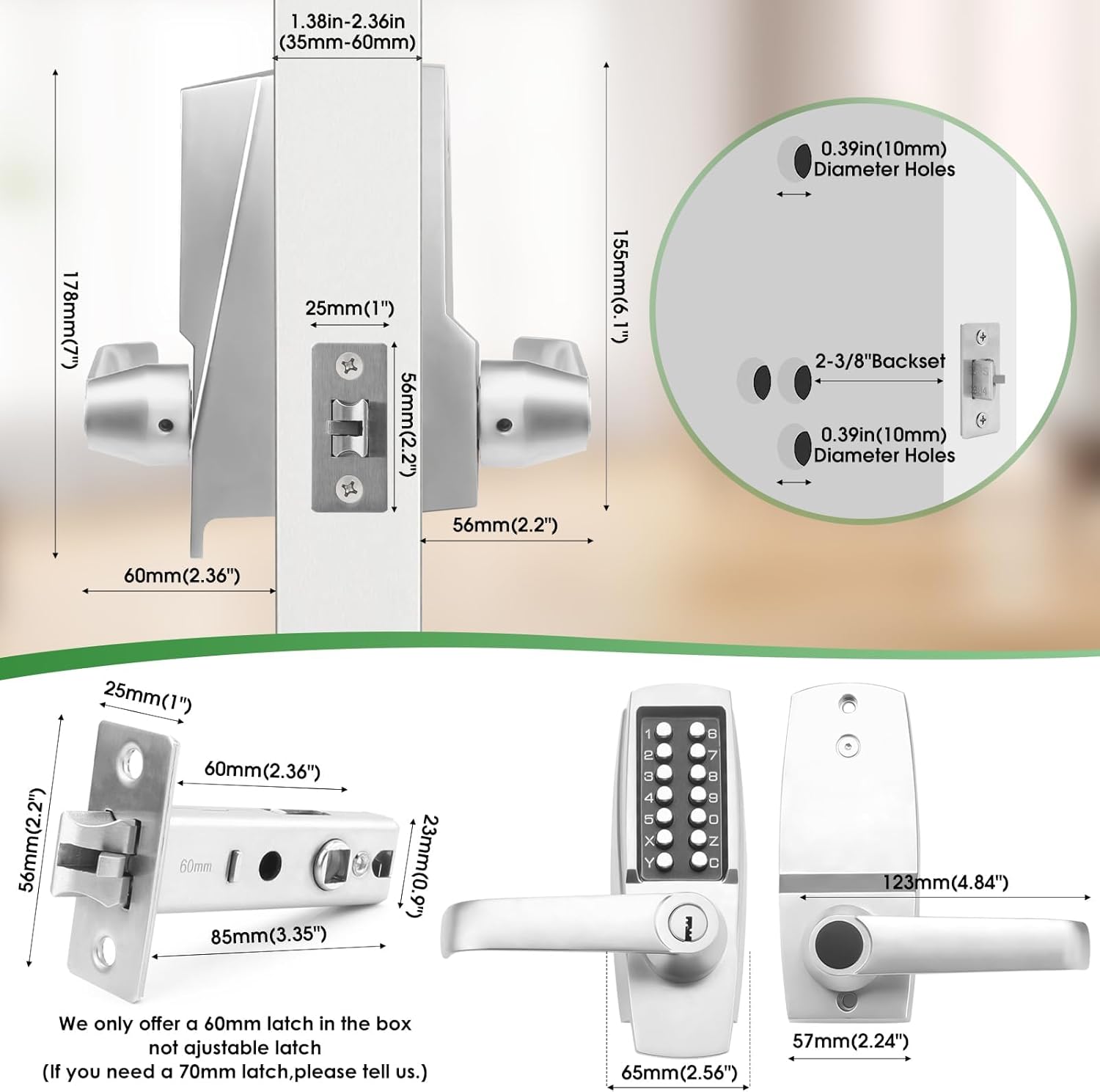 Mechanical Keyless Entry Door Lock Set with Handle & Keypad - Front Gate & Warehouse Security Solution - Push Button & Keys - Combination Code Lever Lock - Pearl Chrome
