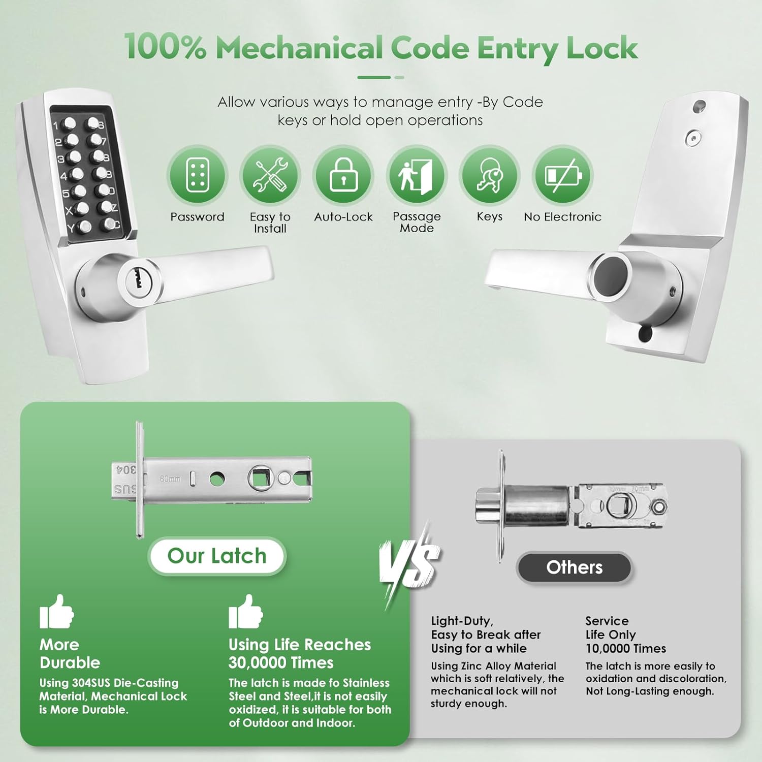 Mechanical Keyless Entry Door Lock Set with Handle & Keypad - Front Gate & Warehouse Security Solution - Push Button & Keys - Combination Code Lever Lock - Pearl Chrome