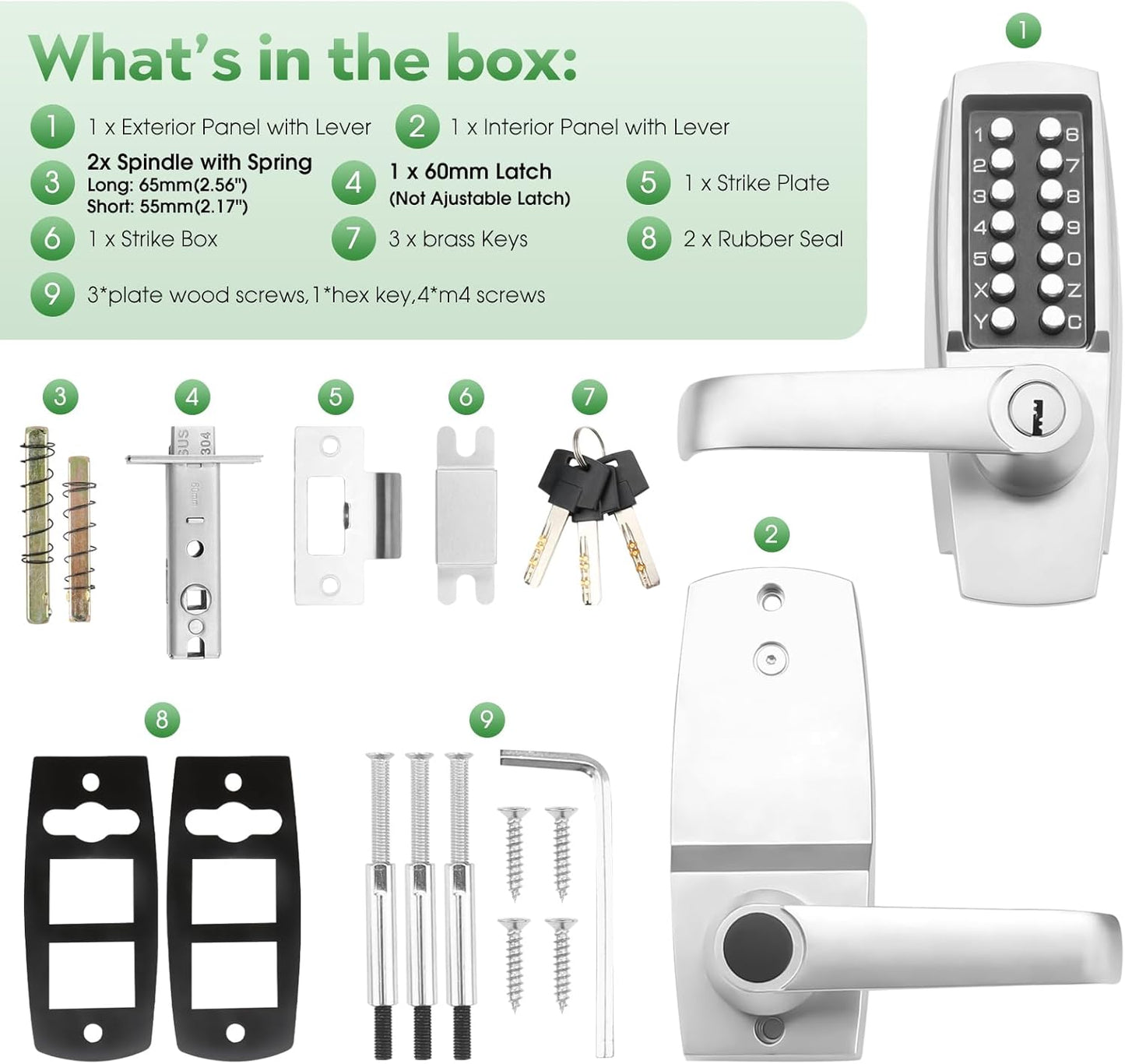 Mechanical Keyless Entry Door Lock Set with Handle & Keypad - Front Gate & Warehouse Security Solution - Push Button & Keys - Combination Code Lever Lock - Pearl Chrome