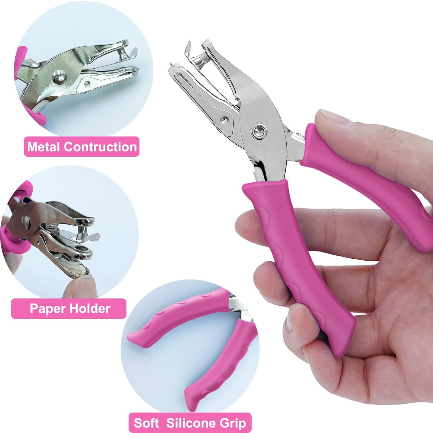 MECHEER Pink Handheld Single Hole Punch for Paper Crafts - 1/4" Circle Puncher with Soft Grip Handle for Kids and Adults in Home, Office, Classroom